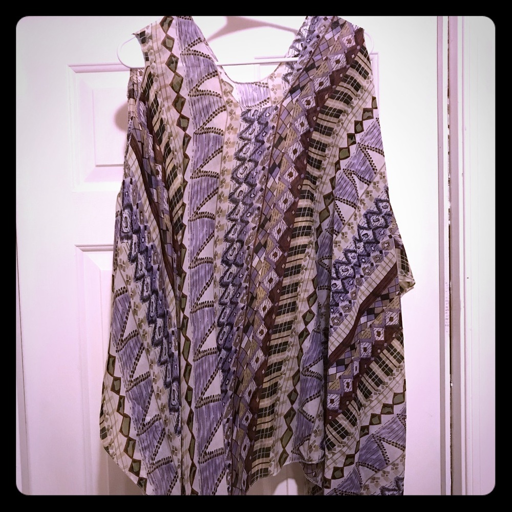 One Size Sheer Cold Shoulder Purple & Tan Top